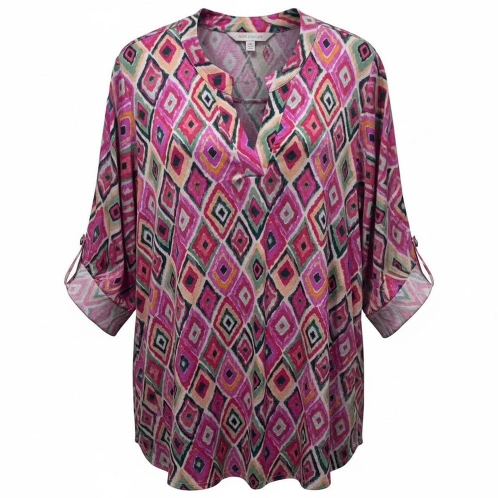 Dear Scarlett XL Women's Geometric Ikat Print Tunic Top  V-Neck Roll Tab Sleeve